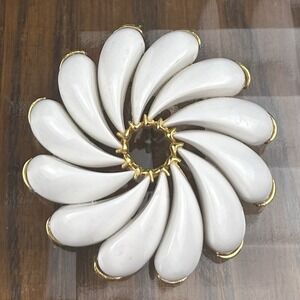 Vintage Pinwheel White Acrylic Flower Swirl Brooch Gold Tone MCM 2 X 2 Inches